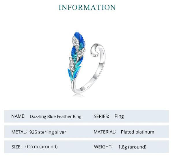 925 Sterling Silver Feather Ring For Women Blue