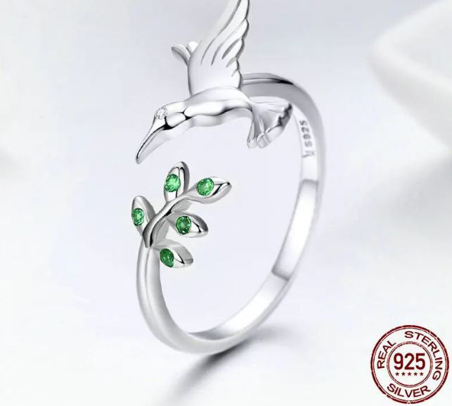 Bird Ring Green Spring Tree Leaves Sterling Silver