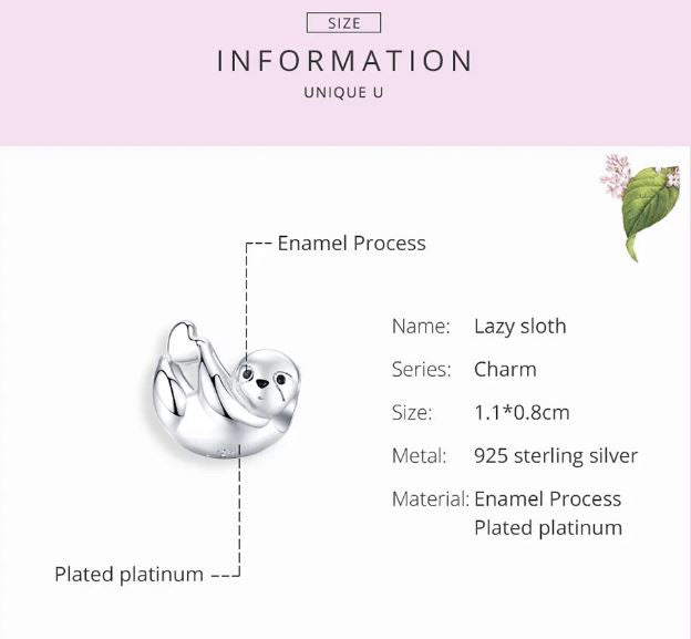 925 Sterling Silver Lazy Sloth Charm For Women