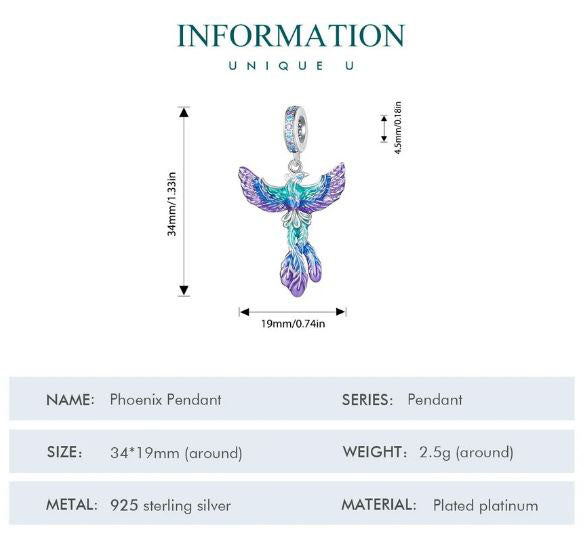 925 Sterling Silver Phoenix Charm Cubic Zirconia
