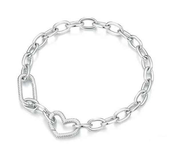 Sterling Silver chain link Bracelet For Women Heart Charm