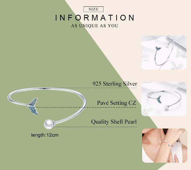 Mermaids Tail Bracelet Woman Pearl Cuff Bangles Sterling Silver