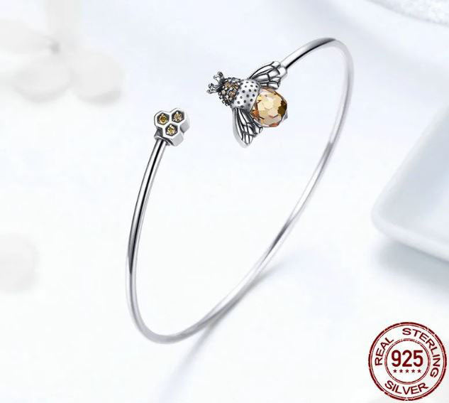 Open Bangle Bracelet Woman Crystal Bee Yellow