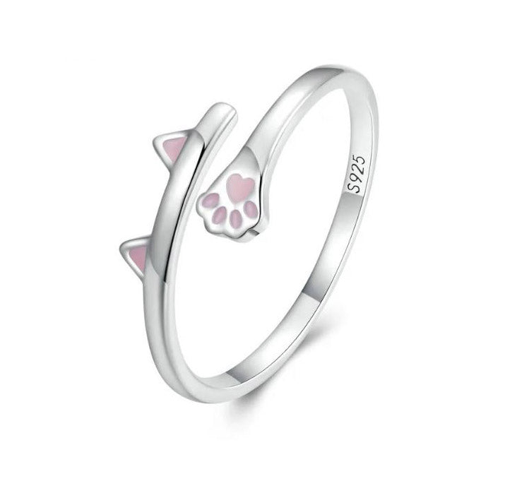 Cat Ears Ring Paw Claws Pink sterling silver