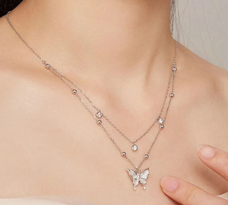 925 Sterling Silver Butterfly Necklace Cubic Zirconia Clear