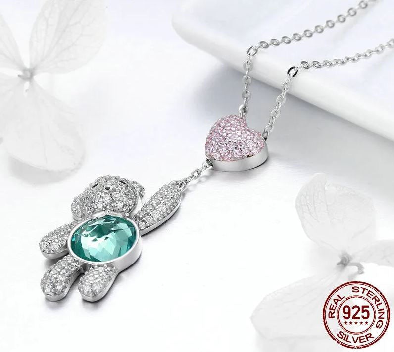 925 Sterling Silver Cute Bear Necklace Cubic Zirconia Turquoise