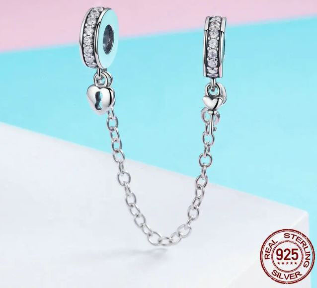 925 Sterling Silver Heart Lock Charm Cubic Zirconia