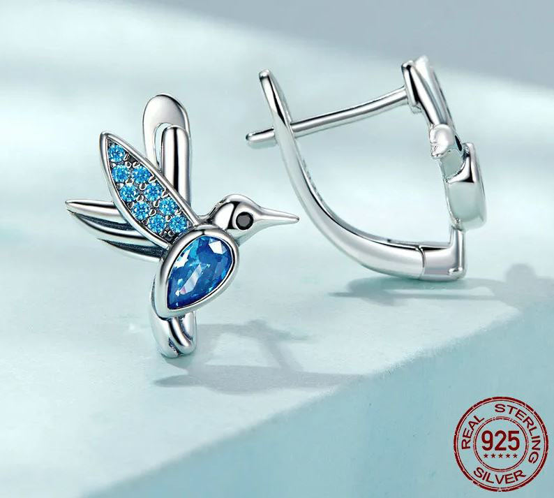Stud Earrings Hoop Hummingbird  Blue