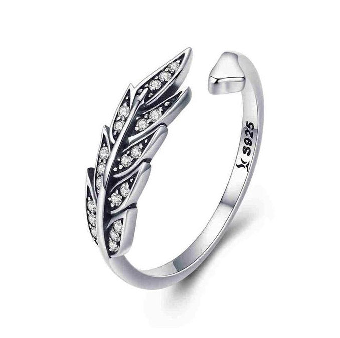 Sterling Silver feather Ring For Women Adjustable