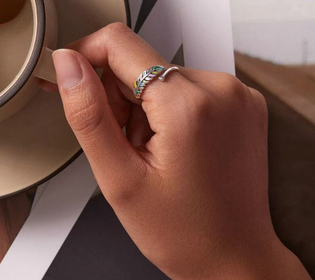 925 Sterling Silver Feather Ring Colourful