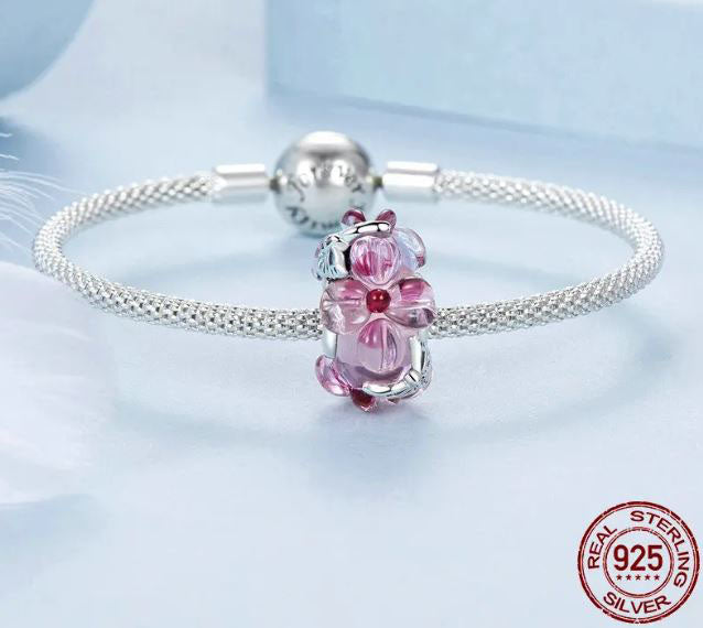 925 Sterling Silver Flower Charm Cubic Zirconia