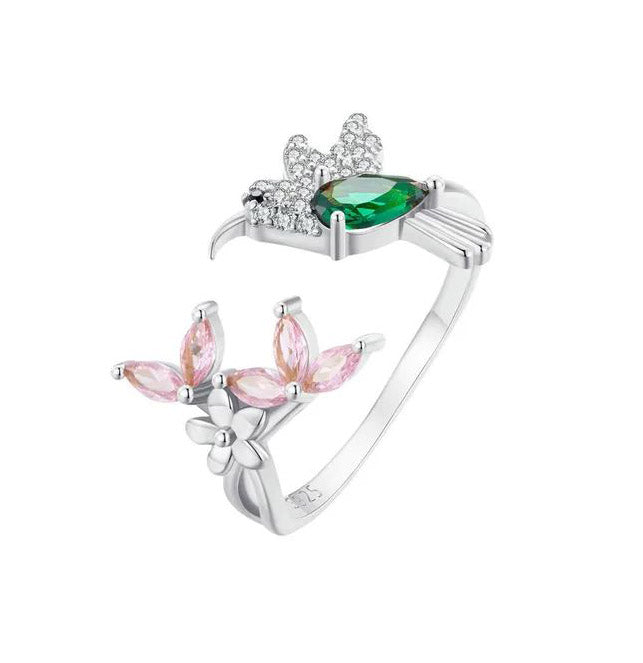 Sterling Silver bird and flower Ring For Women Hummingbird Adjustable