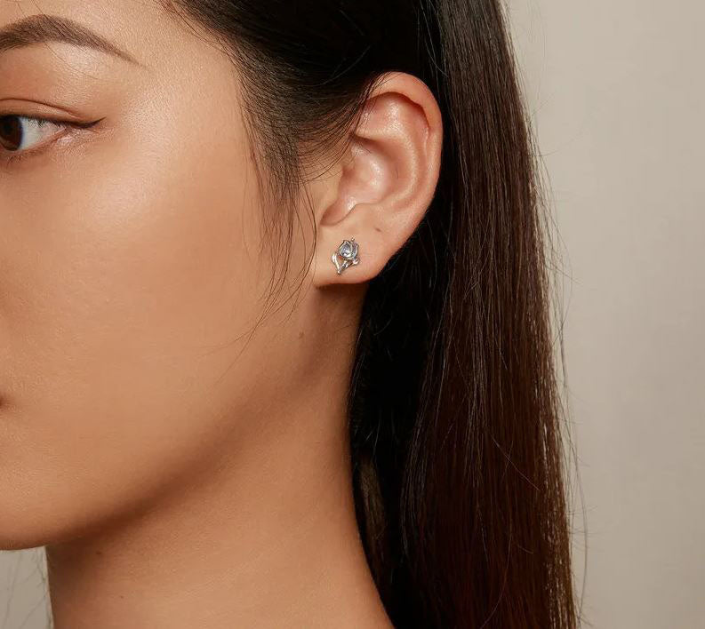 Pear Earrings Flower Tulips Blue Stud Sterling Silver