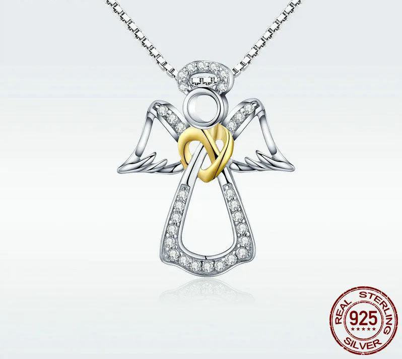 Clear Necklace Sterling Silver Pendant Guardian Angel Heart