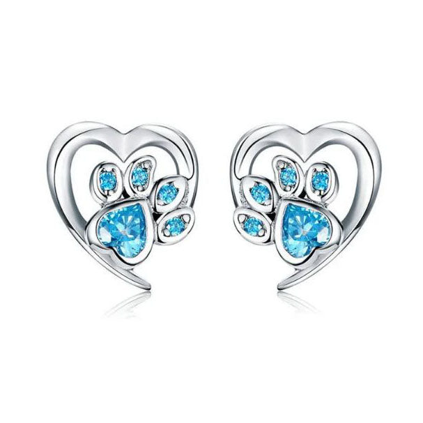 Sterling Silver Earrings blue cat paw with heart