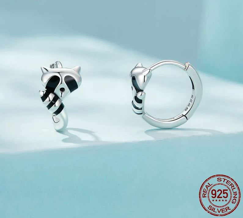 Hoop Earrings Animal Black Raccoon