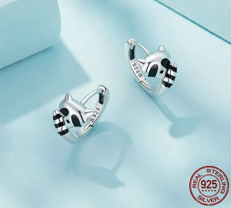 Black Earrings Sterling Silver Animal Hoop Raccoon