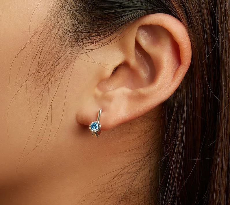 Blue Earrings Sterling Silver Simple Round Hoop French Clip