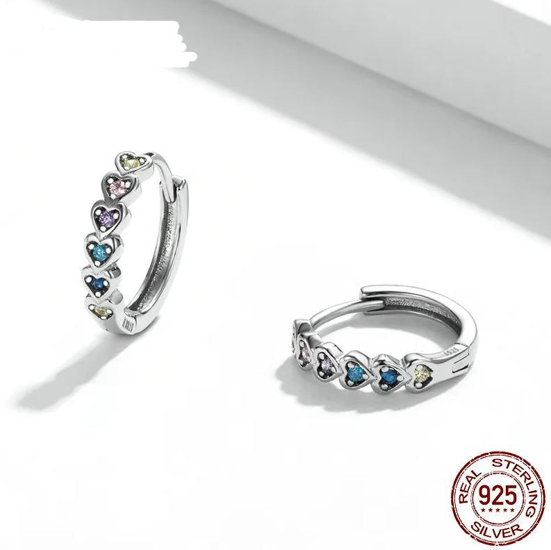 Rainbow Earrings Sterling Silver Pave Hoop Heart