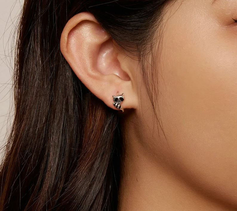 Black Earrings Hoop Animal Raccoon
