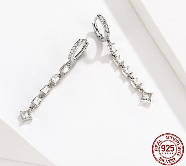 Square Earrings Drop Clear Hoop Sterling Silver