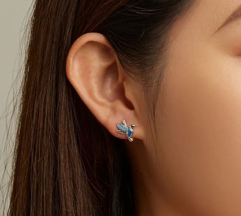 925 Sterling Silver Stud Earrings Cubic Zirconia Blue