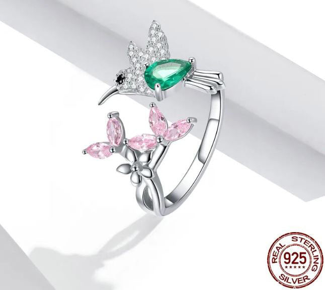 Hummingbird Ring Flower Adjustable Green