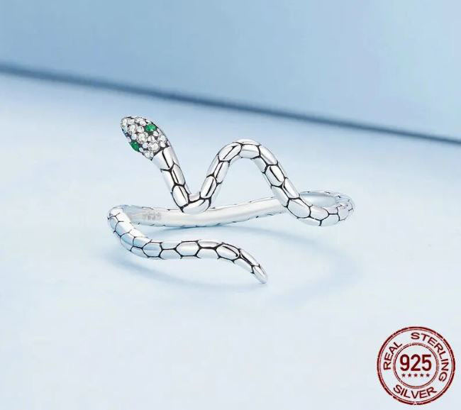 925 Sterling Silver Snake Ring Cubic Zirconia Green