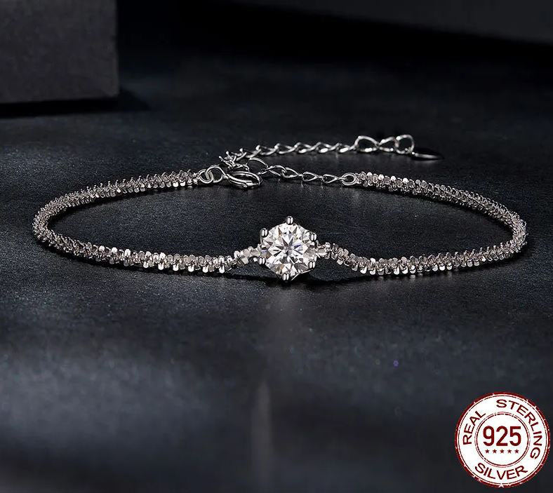 925 Sterling Silver Chain Link Bracelet Cubic Zirconia Clear