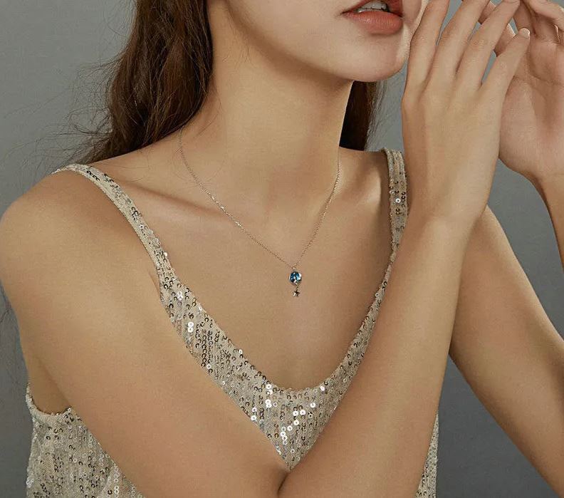 Blue Necklace Sterling Silver Pendant Moon & Cat Star