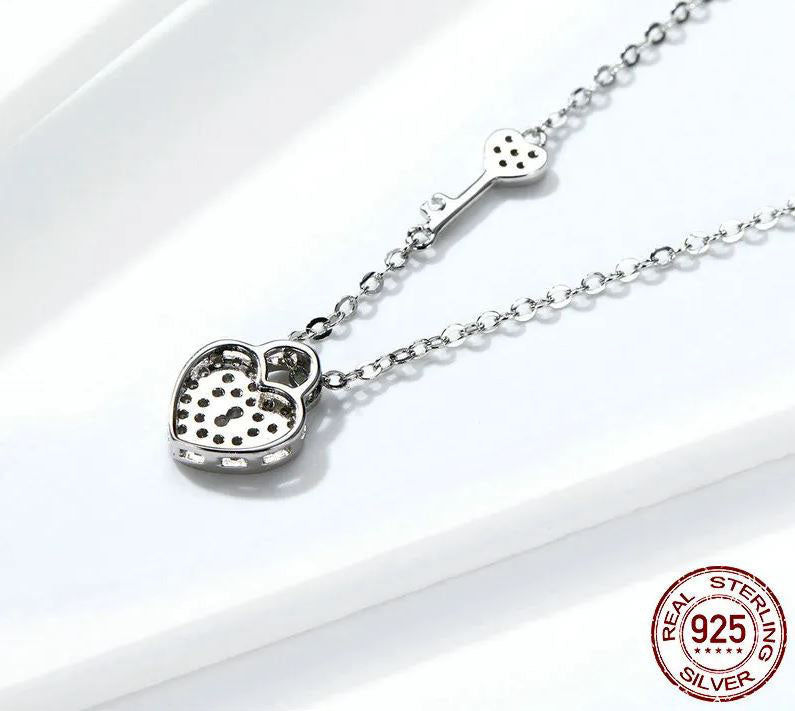 925 Sterling Silver Lock & Key Necklace Cubic Zirconia Clear