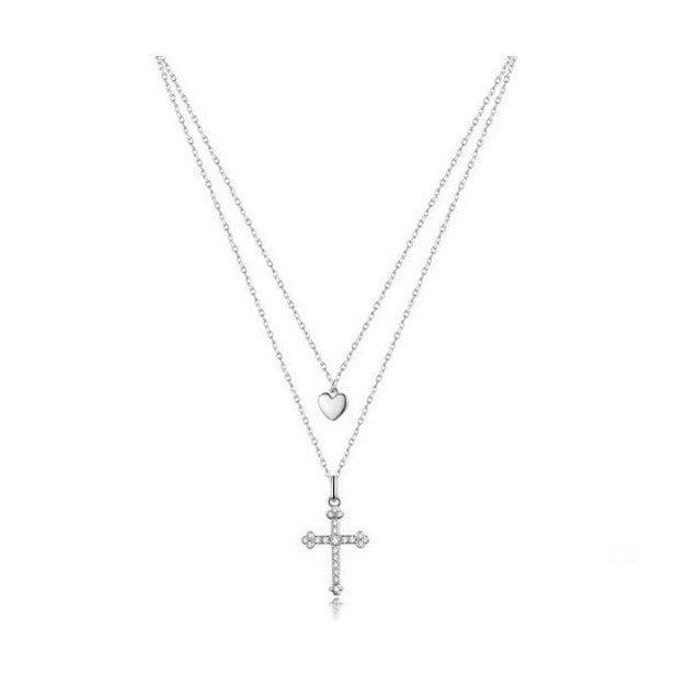 Sterling Silver cross pendant with Heart Double Layer necklace