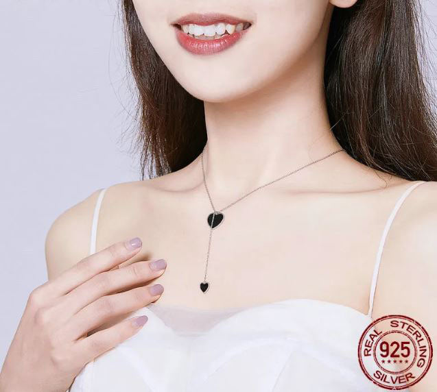 Pendant Necklace Black Double Heart Sterling Silver