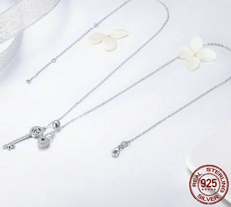 Pendant Necklace Clear Key of Heart Sterling Silver