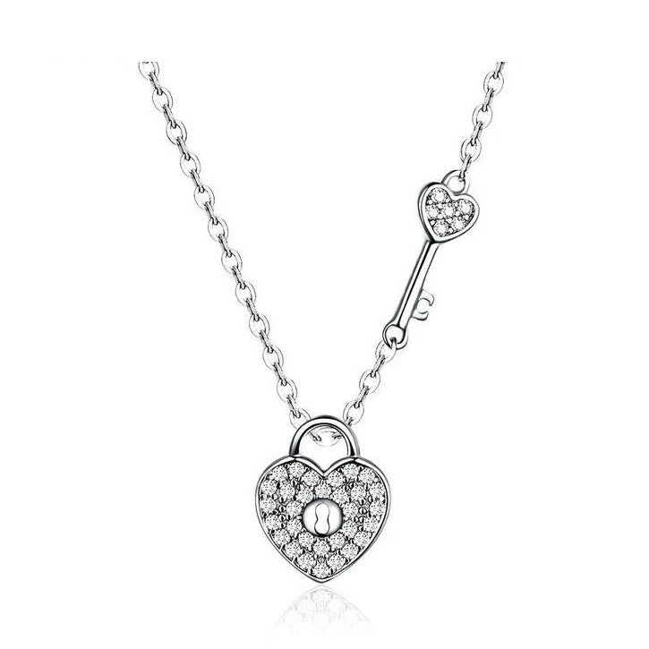 Silver Heart Necklace For Women with key Lock