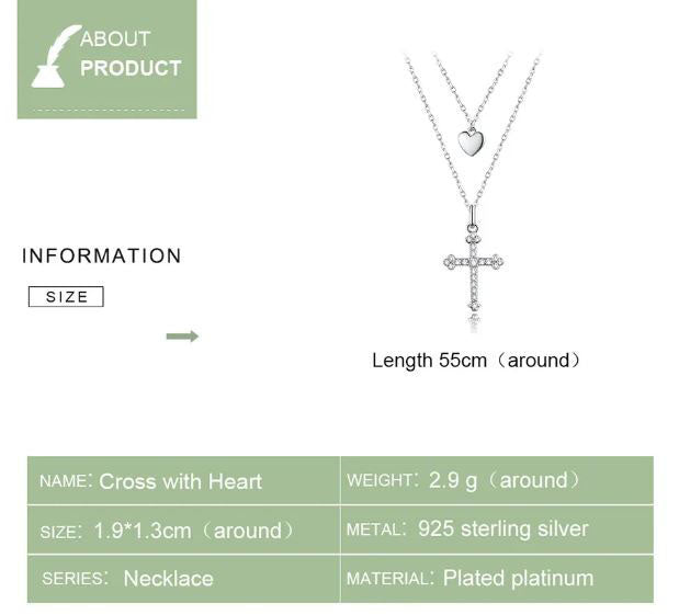 Cross Necklace Pendant Heart Double Layer Clear
