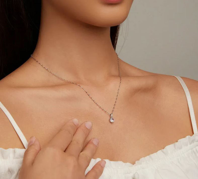 Pendant Necklace Clear Round Sterling Silver