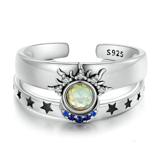 925 Sterling Silver Sun Ring Cubic Zirconia Colourful925 Sterling Silver Moon Ring For Women Colourful