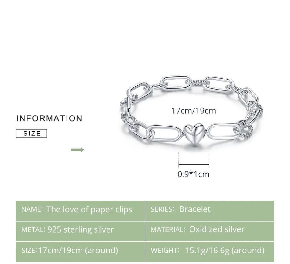 Love Chain Bracelet Sterling Silver Woman Paper Clip Heart