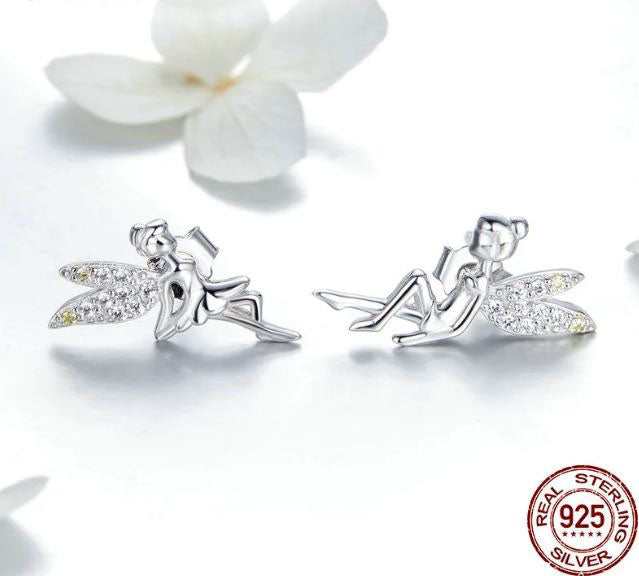 Fairy Earrings Pave Screw Back Stud Sterling Silver