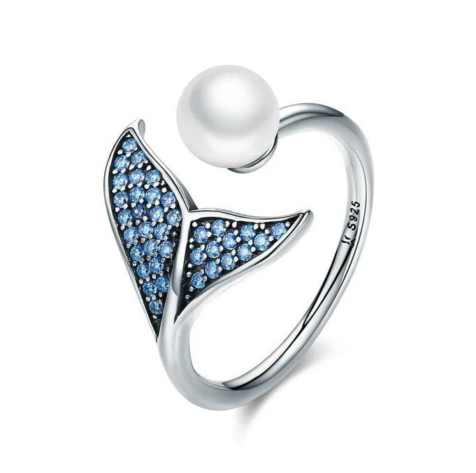 Blue Dolphin Tail Ring 925 Sterling Silver Pearl Fish