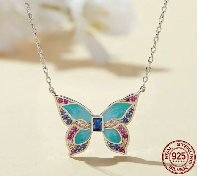 925 Sterling Silver Butterfly Necklace Cubic Zirconia Turquoise