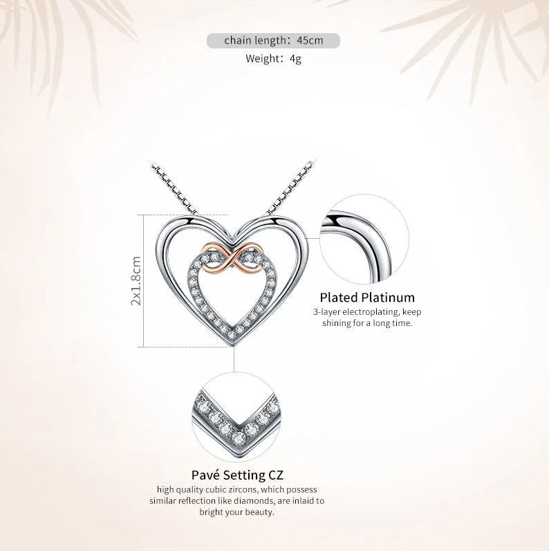 925 Sterling Silver Double Heart Necklace Cubic Zirconia Rose Gold