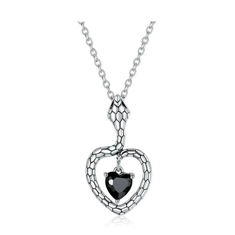 Sterling Silver Black heart Necklace with Snake