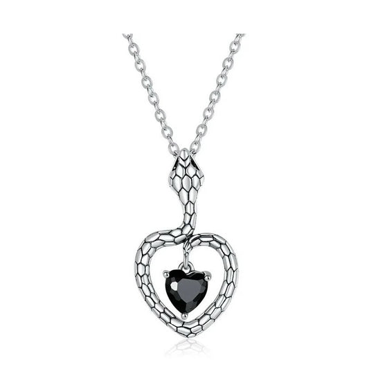 Sterling Silver Black heart Necklace with Snake
