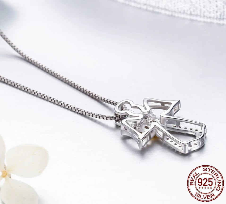 925 Sterling Silver Guardian Angel Necklace Pendant Clear