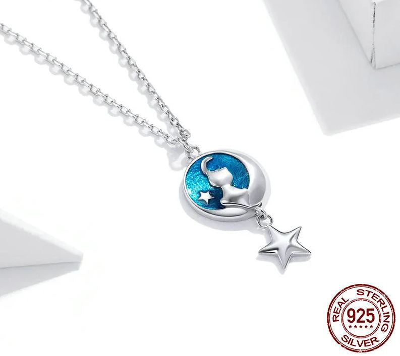 Blue Necklace Moon & Cat Pendant Star