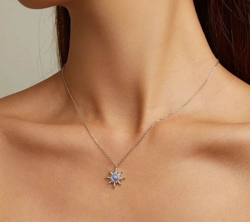 Colorful Necklace Sterling Silver Pendant Starburst Moonstone