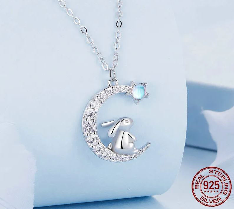 Pendant Necklace Clear Crescent Moon Sterling Silver