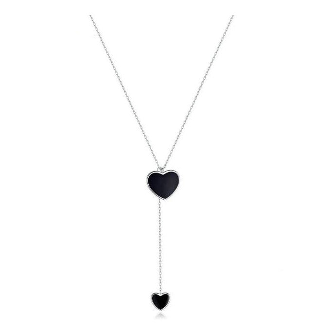 Double Black heart Necklace 925 Sterling Silver Pendant Enamel